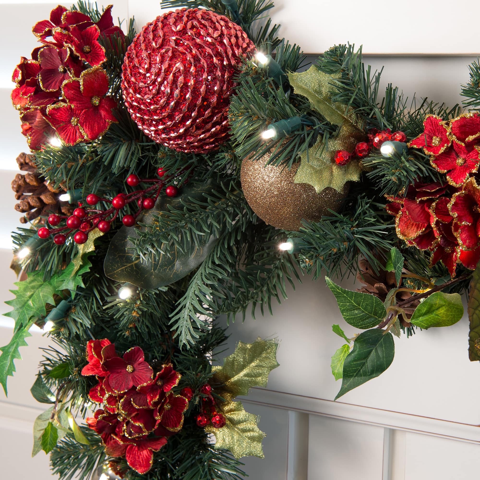 Village Lighting 9ft. Pre-Lit LED Scarlet Hydrangea Christmas Garland